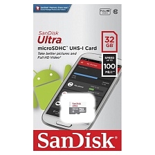 Карта памяти MicroSDHC 32GB SANDISK Class 10 ultra, 100 Мб/с, без адаптера