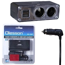 Автомобильный разветвитель OLESSON 1647, 100W, 12/24V, 2 выхода прикуривателя, 2 USB, цвет черный