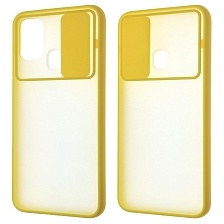 Чехол накладка для SAMSUNG Galaxy M30s (SM-M307F), M21 (SM-M215), силикон, пластик, матовый, со шторкой для защиты задней камеры, цвет окантовки желтый