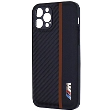 Чехол накладка для APPLE iPhone 12 Pro, силикон, карбон, экокожа, защита камеры, знак BMW M серии, цвет черный с коричневой полоской