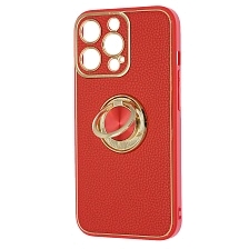 Чехол накладка для APPLE iPhone 13 Pro (6.1"), силикон, пластик, экокожа, металл, кольцо держатель, защита камеры, цвет красный