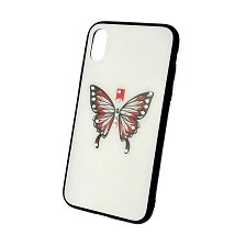 Чехол накладка для APPLE iPhone X, стекло, пластик, стразы, рисунок Бабочка.