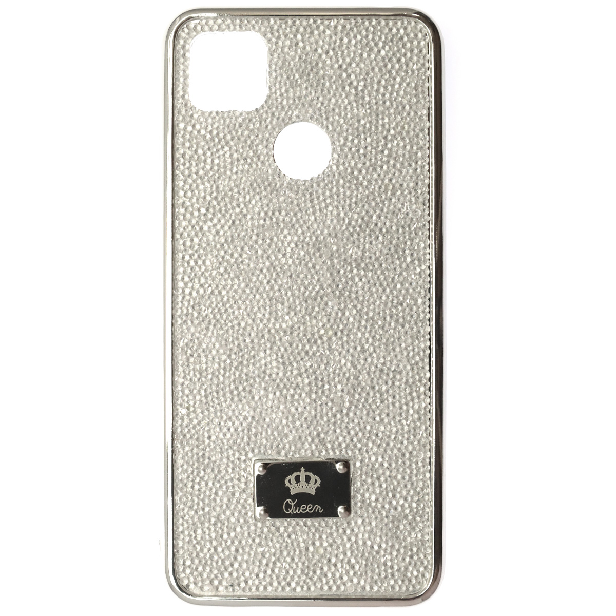 Чехол накладка Queen для XIAOMI Redmi 9C, Redmi 10A, силикон, стразы, цвет бело серебристый Чехол накладка Queen для XIAOMI Redmi 9C, Redmi 10A, силикон, стразы, цвет бело серебристый