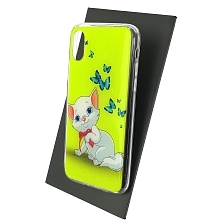 Чехол накладка для APPLE iPhone X, XS, силикон, блестки, рисунок Мультяшный котенок с бабочками