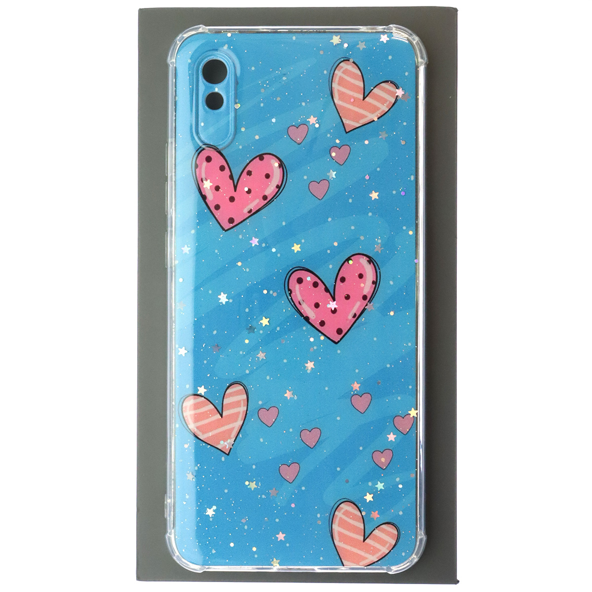Чехол накладка для XIAOMI Redmi 9A, силикон, глянцевый, блестки, рисунок Сердечки Чехол накладка для XIAOMI Redmi 9A, силикон, глянцевый, блестки, рисунок Сердечки