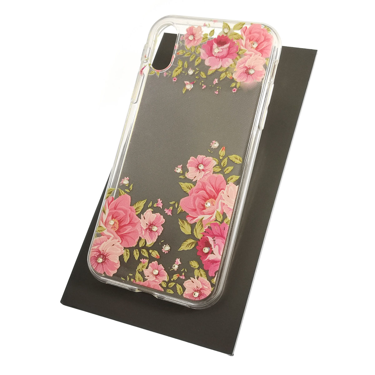 Чехол накладка для APPLE iPhone XR, силикон, стразы, рисунок цветы.