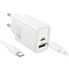 СЗУ (Сетевое зарядное устройство) HOCO N63 с кабелем Type-C на Type-C, 30W, 1 USB Type C, 1 USB, QC3.0, PD30W, цвет белый