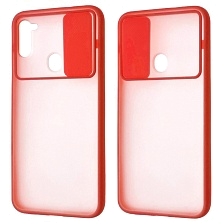Чехол накладка для SAMSUNG Galaxy A11 (SM-A115), Galaxy M11 (M115), силикон, пластик, матовый, со шторкой для защиты задней камеры, цвет окантовки красный