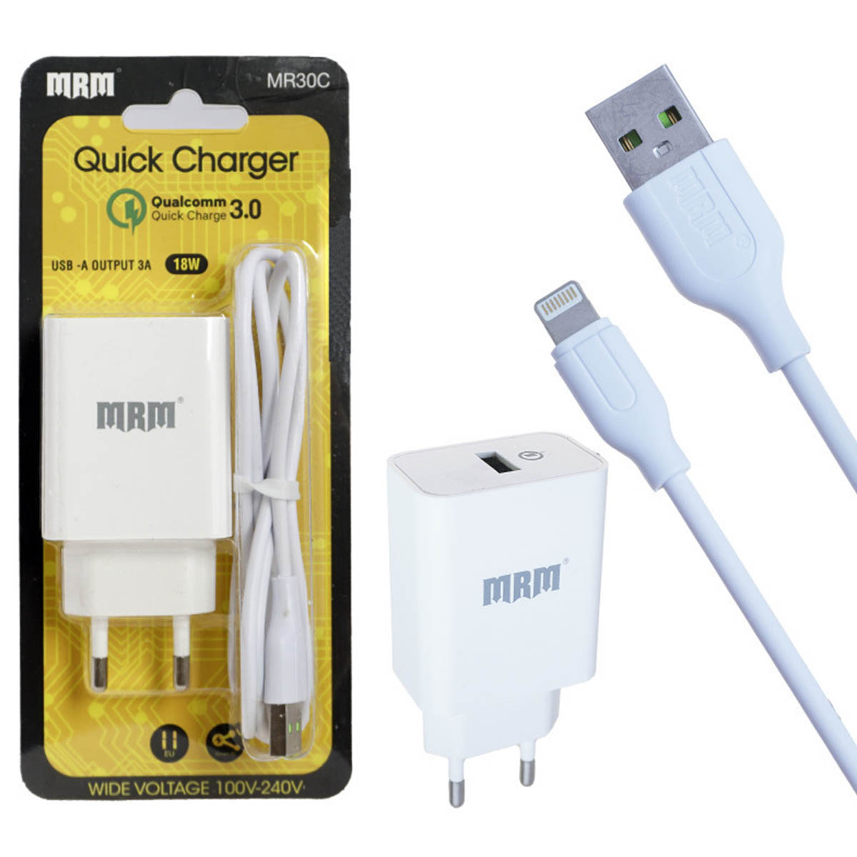 СЗУ (сетевое зарядное устройство) MRM MR30i комплект 2 в 1, 1 USB, QC3.0 с кабелем Lightning 8 pin, цвет белый