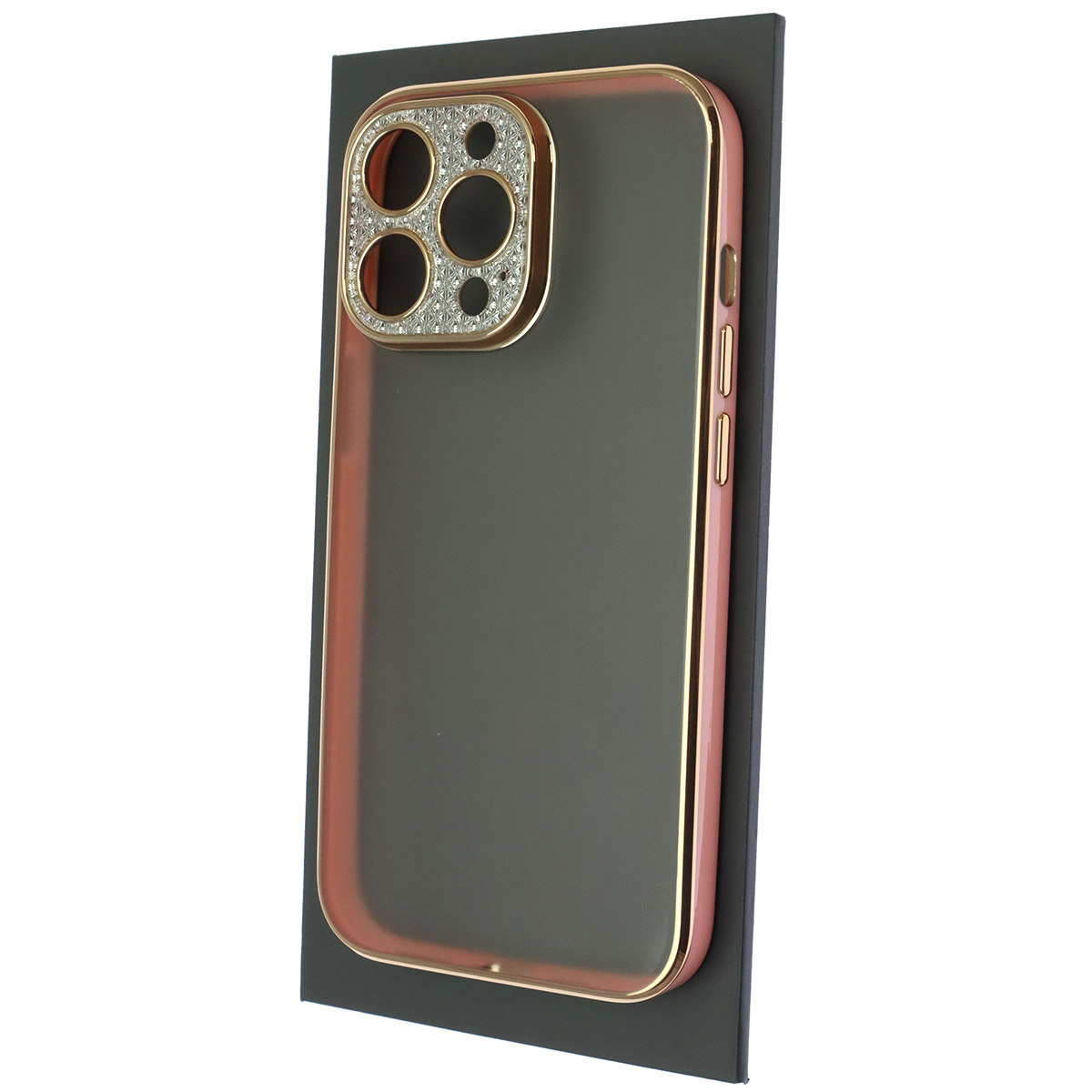 Чехол накладка для APPLE iPhone 13 Pro (6.1), силикон, пластик, стразы, защита камеры, цвет окантовки золотисто розовый