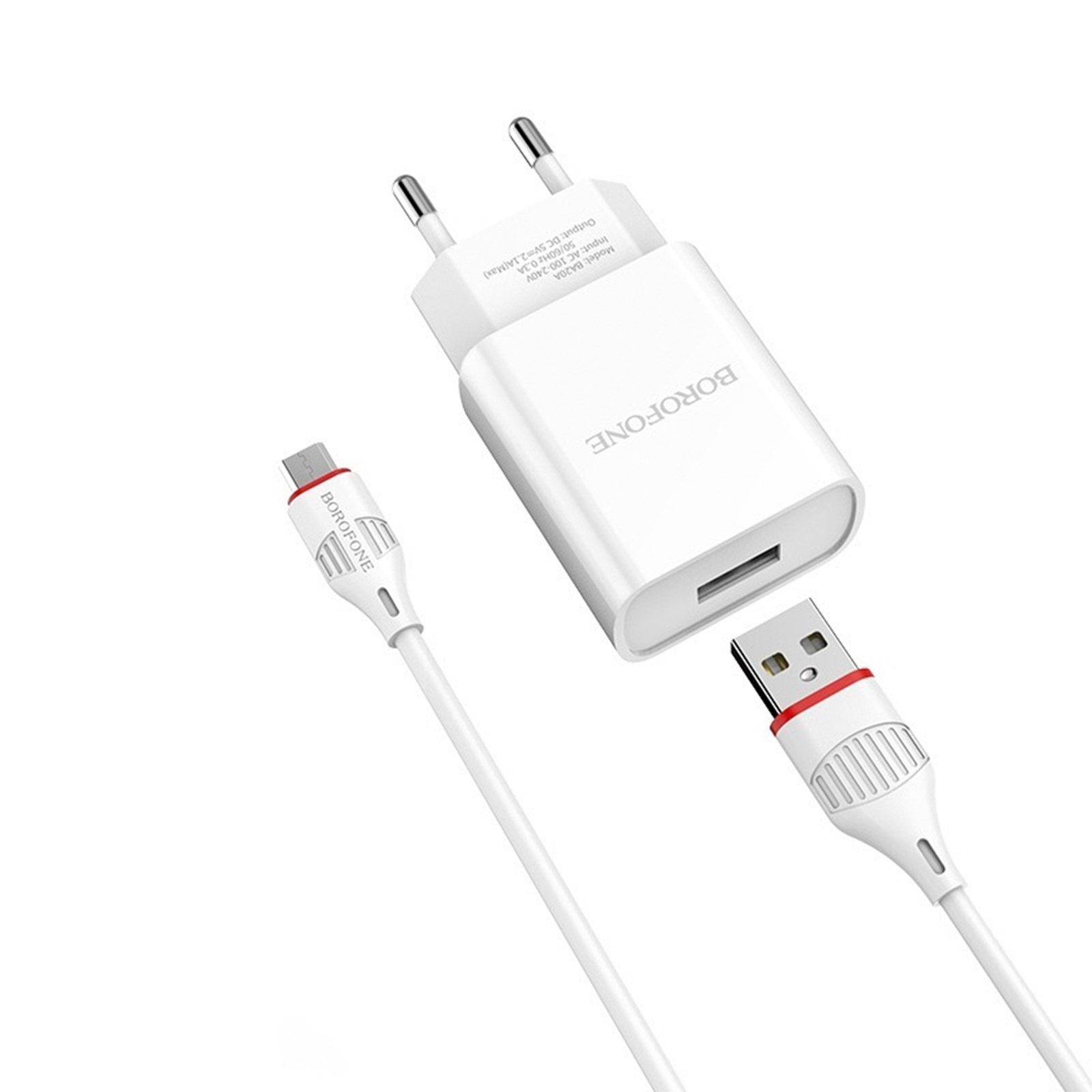 СЗУ (Сетевое зарядное устройство) BOROFONE BA20A Sharp с кабелем Micro USB, 2.1A, длина 1 метр, цвет белый