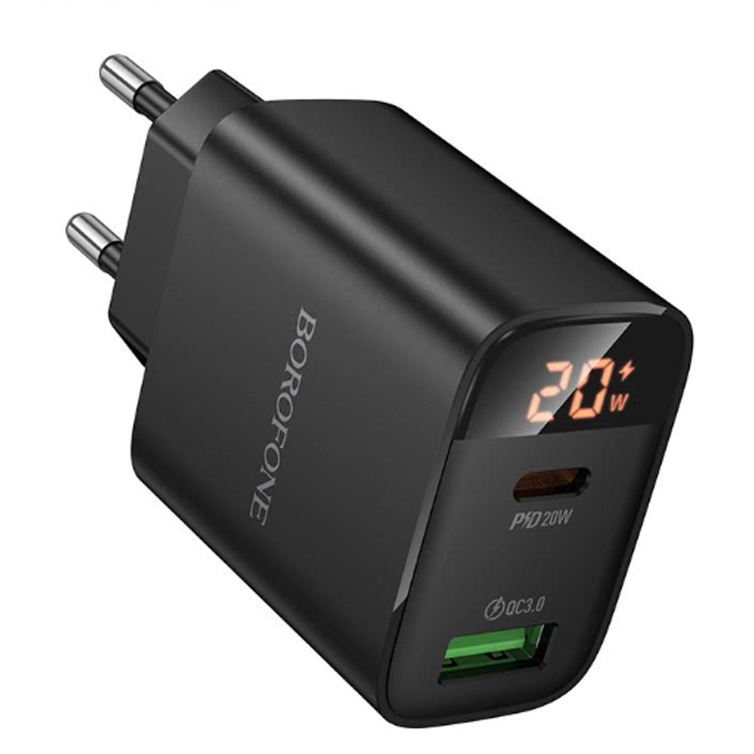 СЗУ (Сетевое зарядное устройство) BOROFONE BA96A Ilustre, 1 USB A, 1 USB Type C, PD20W, QC3.0, LED дисплей, цвет черный