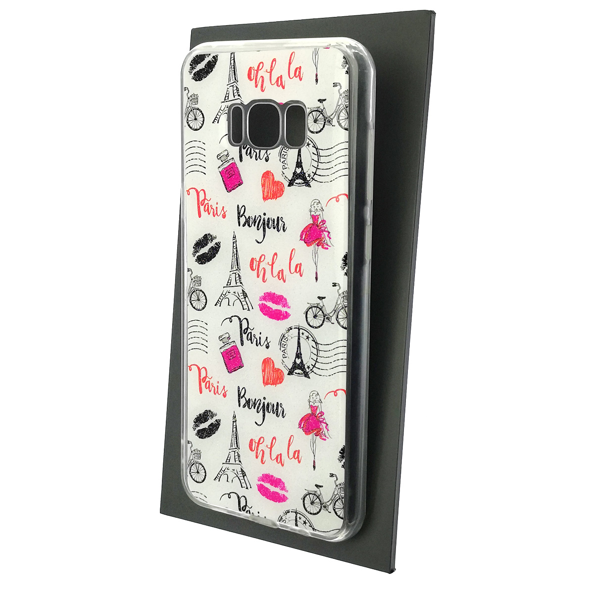 Чехол накладка для SAMSUNG Galaxy S8 Plus (SM-G955), силикон, глянцевый, блестки, рисунок Paris Bonjour oh la la