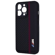 Чехол накладка для APPLE iPhone 13 Pro, силикон, карбон, экокожа, защита камеры, знак BMW M серии, цвет черный с бордовой полоской