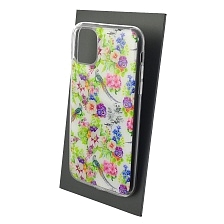 Чехол накладка для APPLE iPhone 11, силикон, глянцевый, блестки, рисунок Птицы цветы