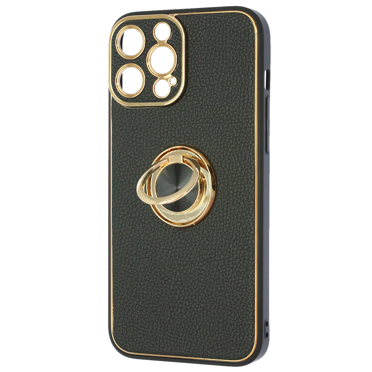 Чехол накладка для APPLE iPhone 13 Pro Max (6.7"), силикон, пластик, экокожа, металл, кольцо держатель, защита камеры, цвет черный