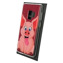 Чехол накладка для SAMSUNG Galaxy S9 (SM-G960), силикон, глянцевый, блестки, рисунок Розовый поросенок