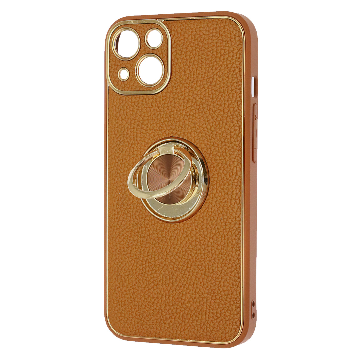 Чехол накладка для APPLE iPhone 13 (6.1"), силикон, пластик, экокожа, металл, кольцо держатель, защита камеры, цвет коричневый
