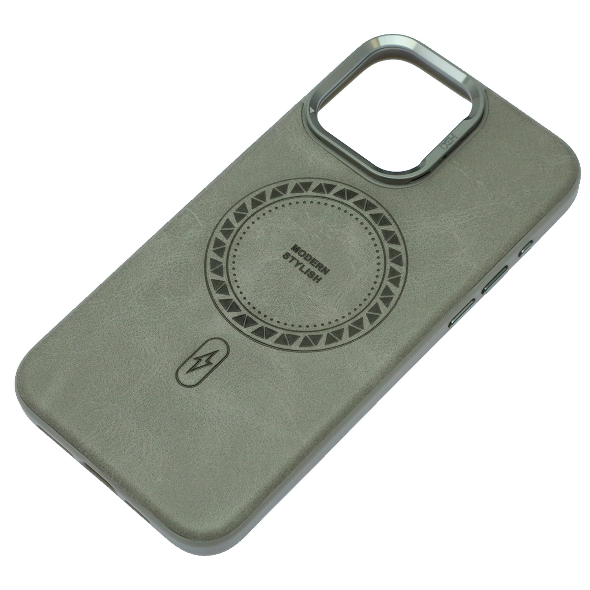 Чехол накладка Modern Stylish с поддержкой MagSafe для APPLE iPhone 15 Pro Max, защита камеры, подставка, экокожа, бархат, цвет серый