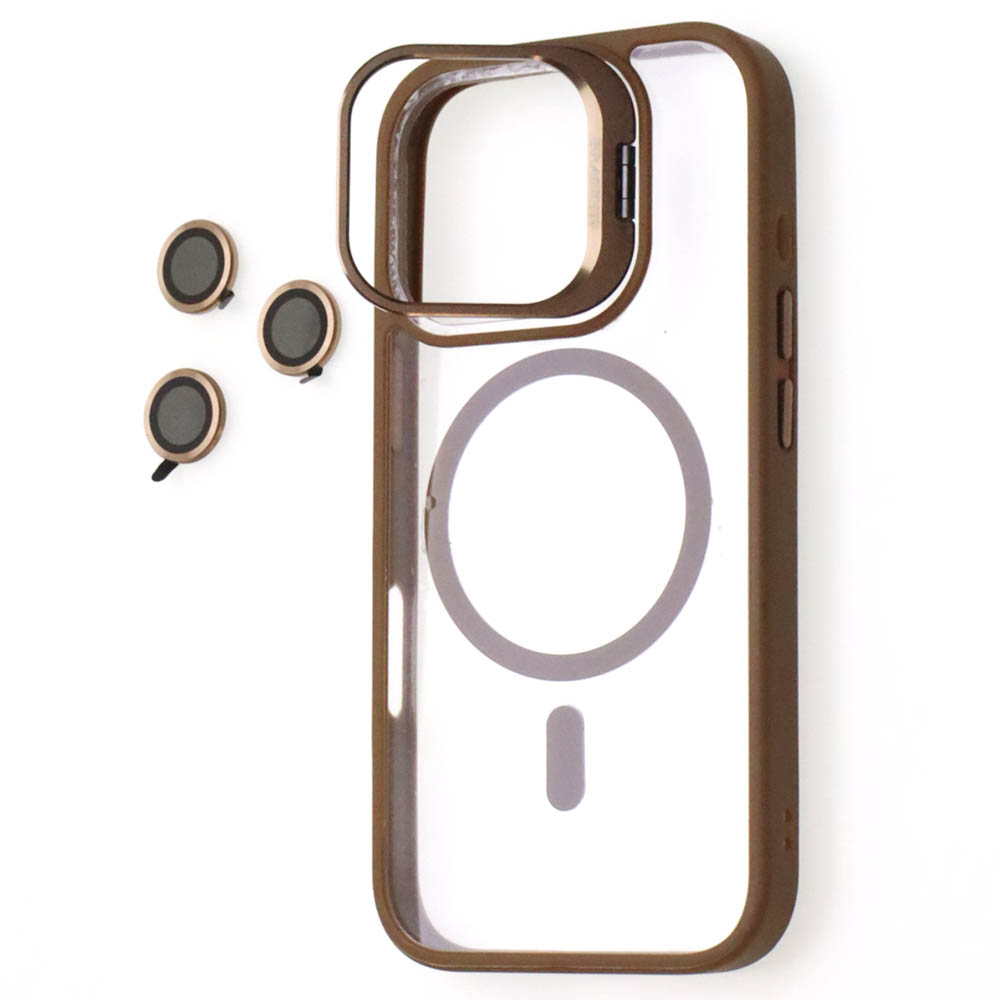 Чехол накладка BRACKET с поддержкой MagSafe для APPLE iPhone 16 Pro, цвет окантовки коричневый(Уценка. Царапины на подставке.)