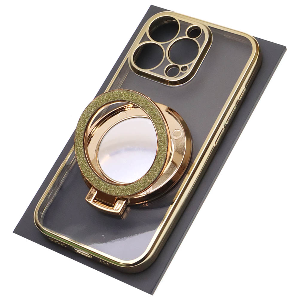 Чехол накладка для APPLE iPhone 16 Pro, силикон, защита камеры, кольцо держатель, прозрачный, цвет окантовки золотистый