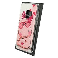 Чехол накладка для SAMSUNG Galaxy S9 (SM-G960), силикон, глянцевый, блестки, рисунок Розовый бегемот в очках