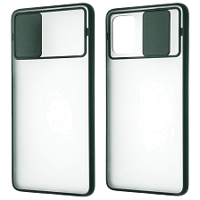 Чехол накладка для SAMSUNG Galaxy A71 (SM-A715), силикон, пластик, матовый, со шторкой для защиты задней камеры, цвет окантовки темно зеленый