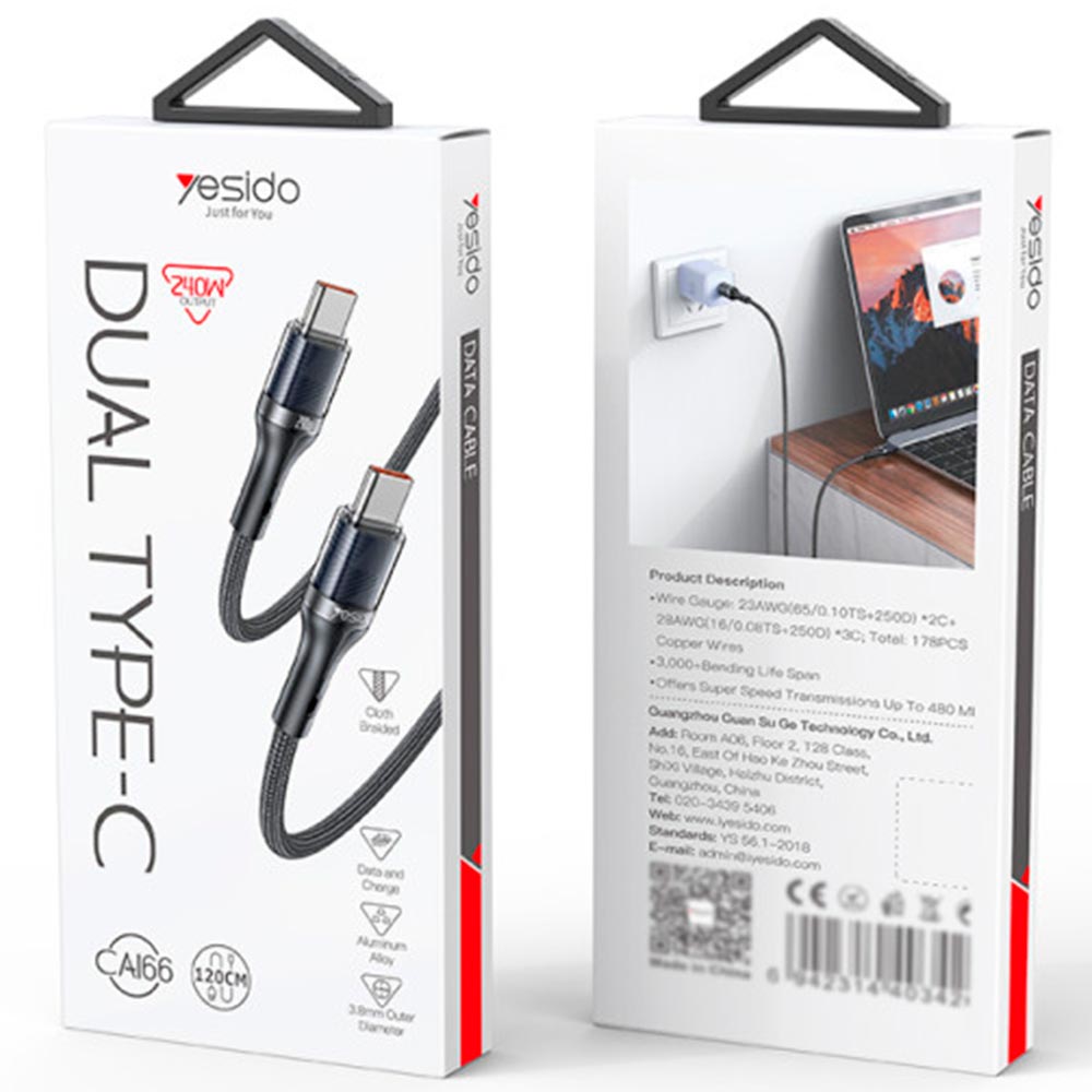 Кабель Yesido CA166 USB Type C на USB Type C, 240W, длина 1.2 метра, нейлон, цвет черный