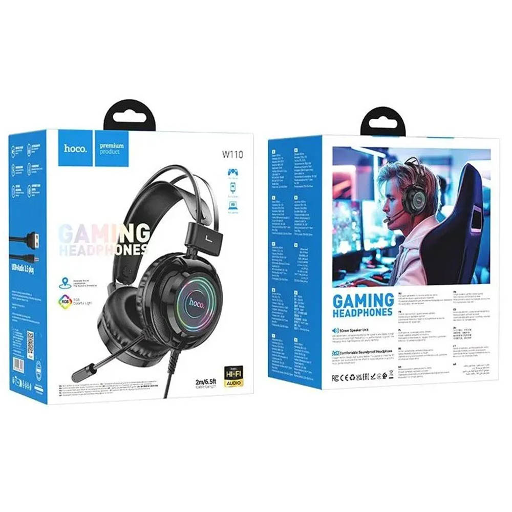 Игровая гарнитура (наушники с микрофоном) проводная, полноразмерная, HOCO W110, подсветка, длина кабеля 2 метра, цвет черный