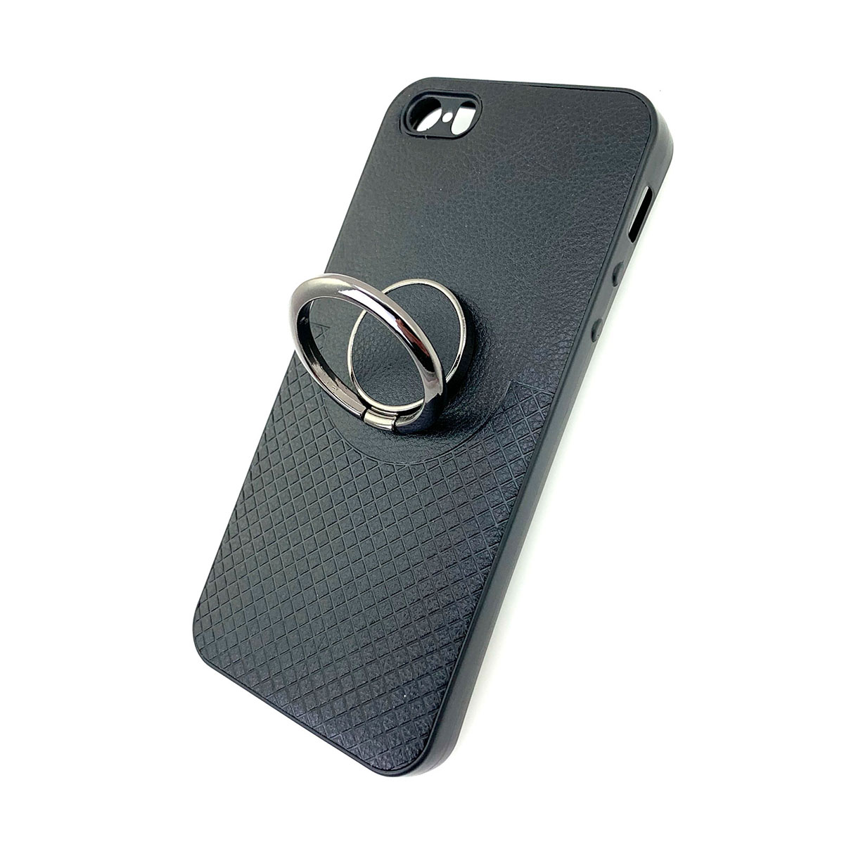 Чехол накладка для APPLE iPhone 5, 5S, SE силикон, под кожу, кольцо держатель, цвет черный.