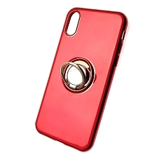 Чехол накладка для APPLE iPhone X, XS, силикон, глянец, с логотипом, кольцо держатель, цвет красный.