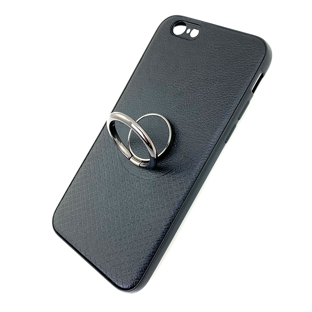 Чехол накладка для APPLE iPhone 6, 6S, силикон, под кожу, кольцо держатель, цвет черный.
