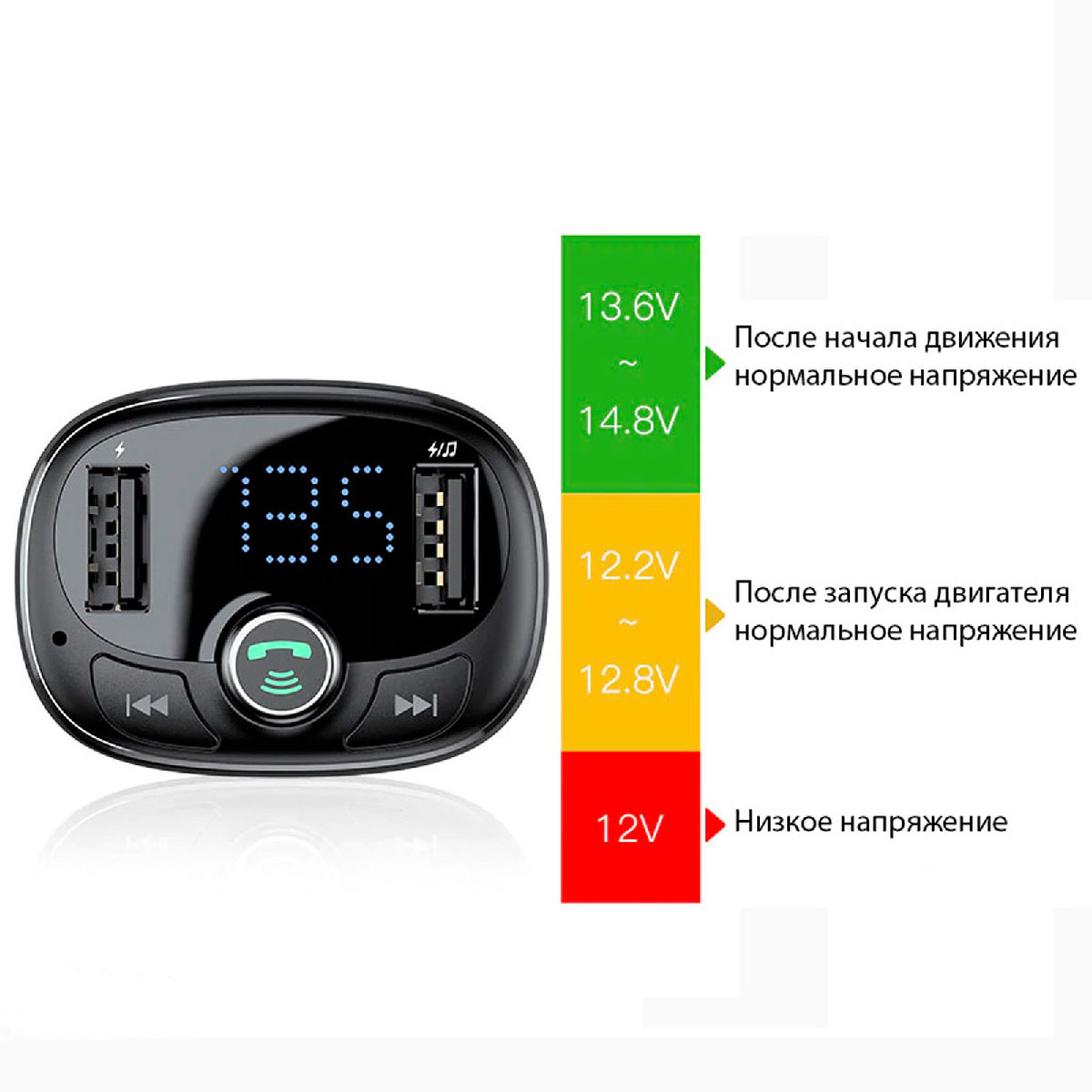 Автомобильное зарядное устройство с FM-трансмиттером 2 x USB, Baseus T typed Bluetooth MP3, цвет черный