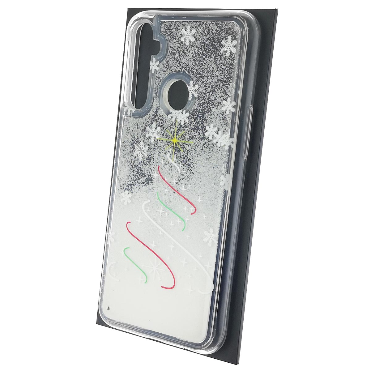 Чехол накладка для Realme C3, силикон, переливашка, рисунок елочка со снежинками