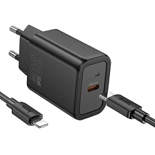 СЗУ (Сетевое зарядное устройство) HOCO N62 Gentle Single Port Type-C PD30W, с кабелем Type-C на Lightning 8-pin, цвет черный