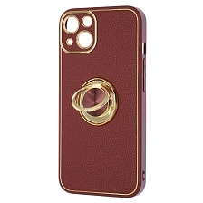 Чехол накладка для APPLE iPhone 13 (6.1"), силикон, пластик, экокожа, металл, кольцо держатель, защита камеры, цвет темно бордовый