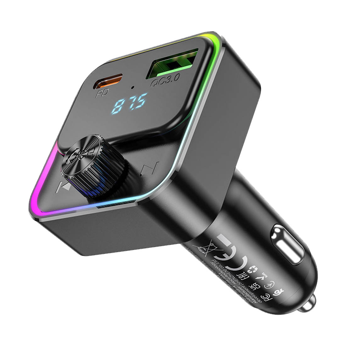 АЗУ (Автомобильное зарядное устройство) HOCO E81 Fantasy с FM трансмиттером, 30W, Bluetooth, 1 USB, 1 USB Type C, LED дисплей, RGB подсветка, PD30W, QC3.0, цвет черный