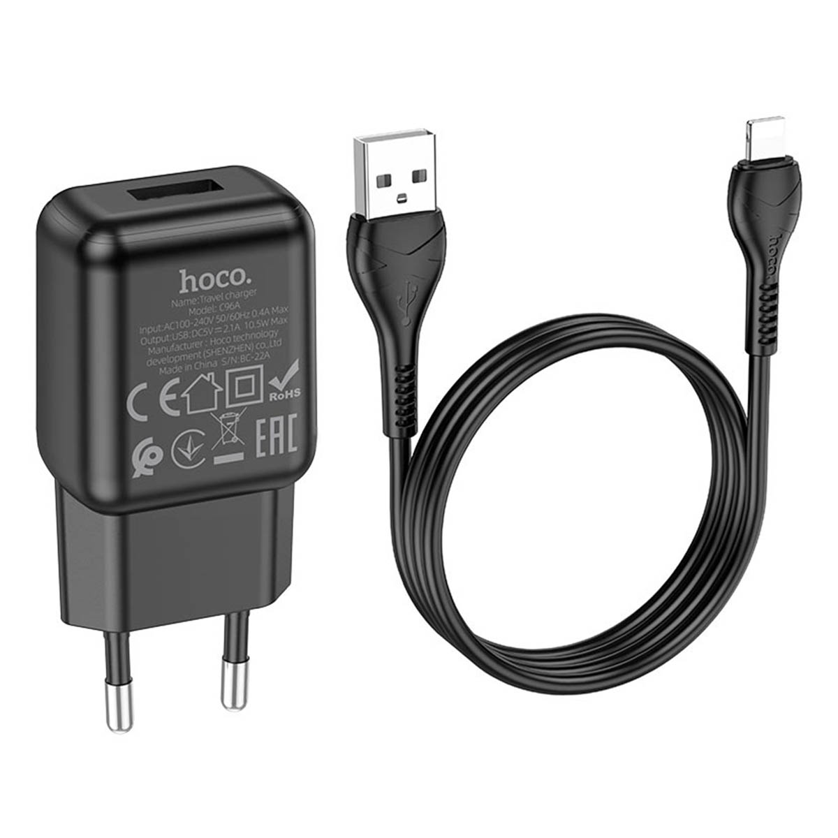 СЗУ (сетевое зарядное устройство) HOCO C96A, адаптер 1 USB 5V-2.1A, кабель Lightning 8 pin, цвет черный