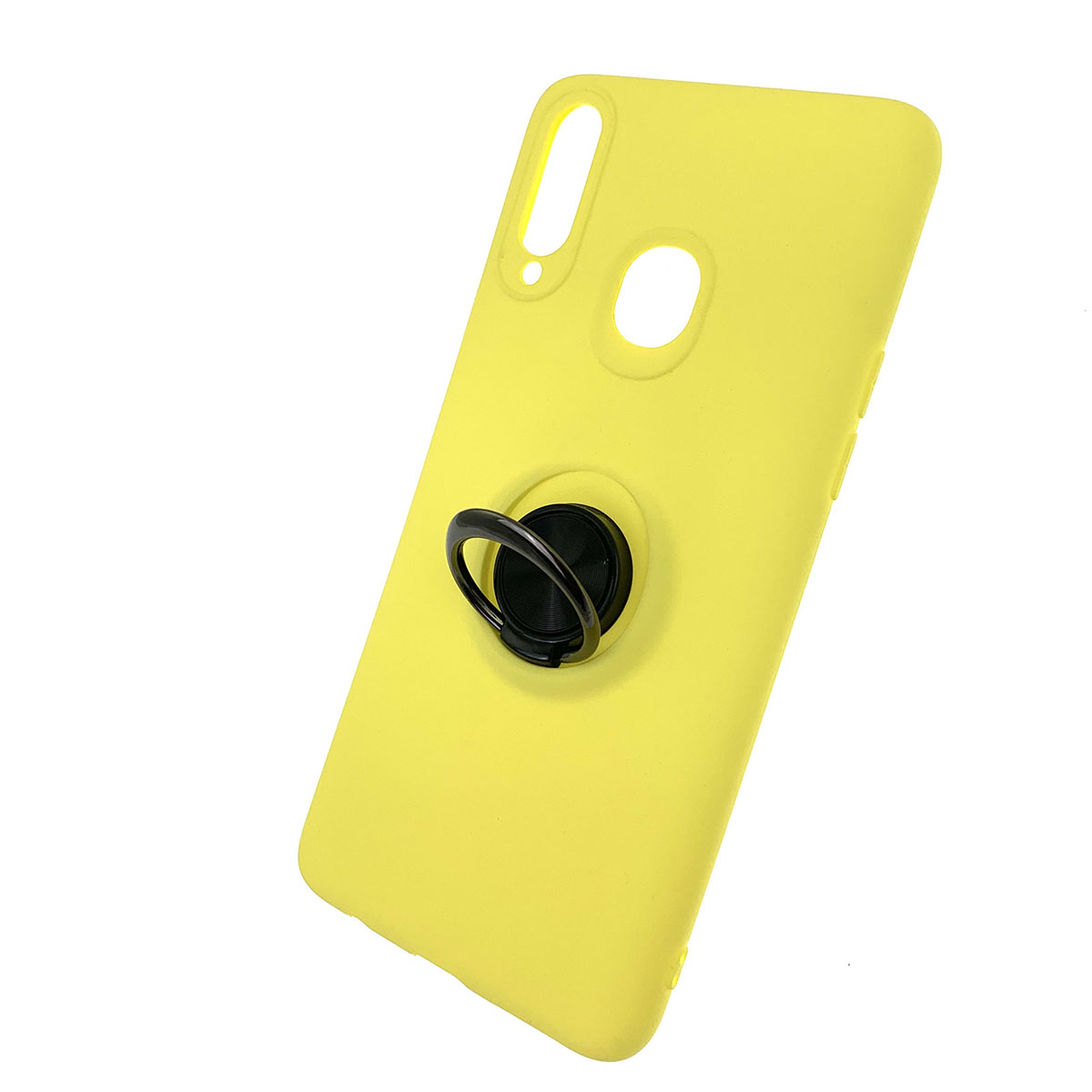 Чехол накладка для SAMSUNG Galaxy A20s (SM-A207), силикон, кольцо держатель, спиннер, цвет желтый.