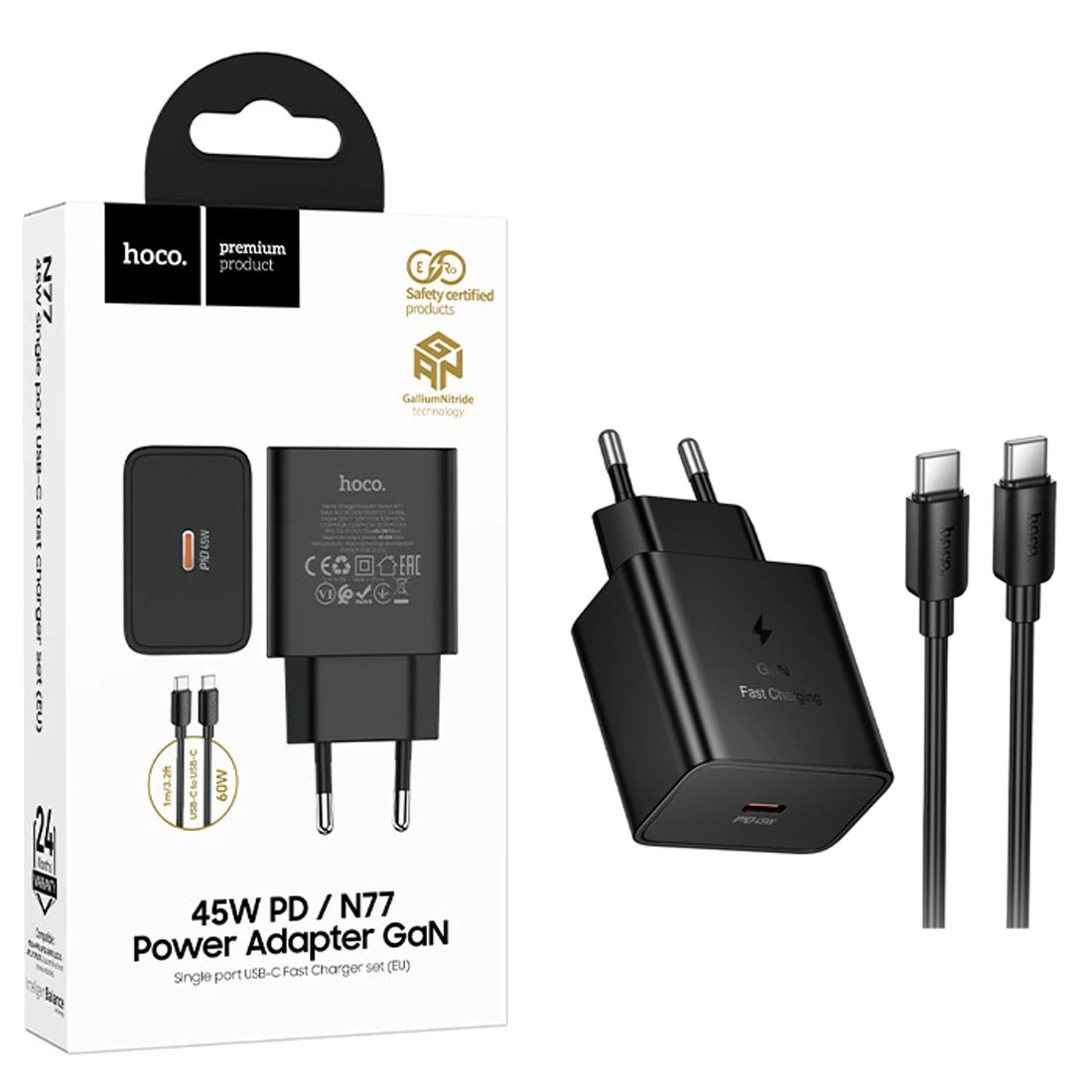 СЗУ (Сетевое зарядное устройство) HOCO N77 Star GaN с кабелем USB Type C на USB Type C, 1 USB Type C, PD45W, длина 1 метр, цвет черный