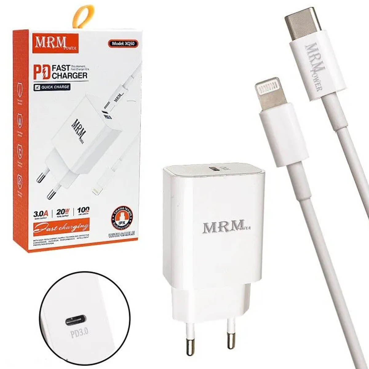 СЗУ (Сетевое зарядное устройство) MRM XQ50 с кабелем USB Type C на Lightning 8 pin, 20W, 1 USB Type C, длина 1 метр, цвет белый