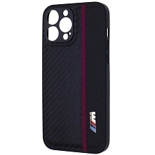 Чехол накладка для APPLE iPhone 13 Pro Max, силикон, карбон, экокожа, защита камеры, знак BMW M серии, цвет черный с бордовой полоской