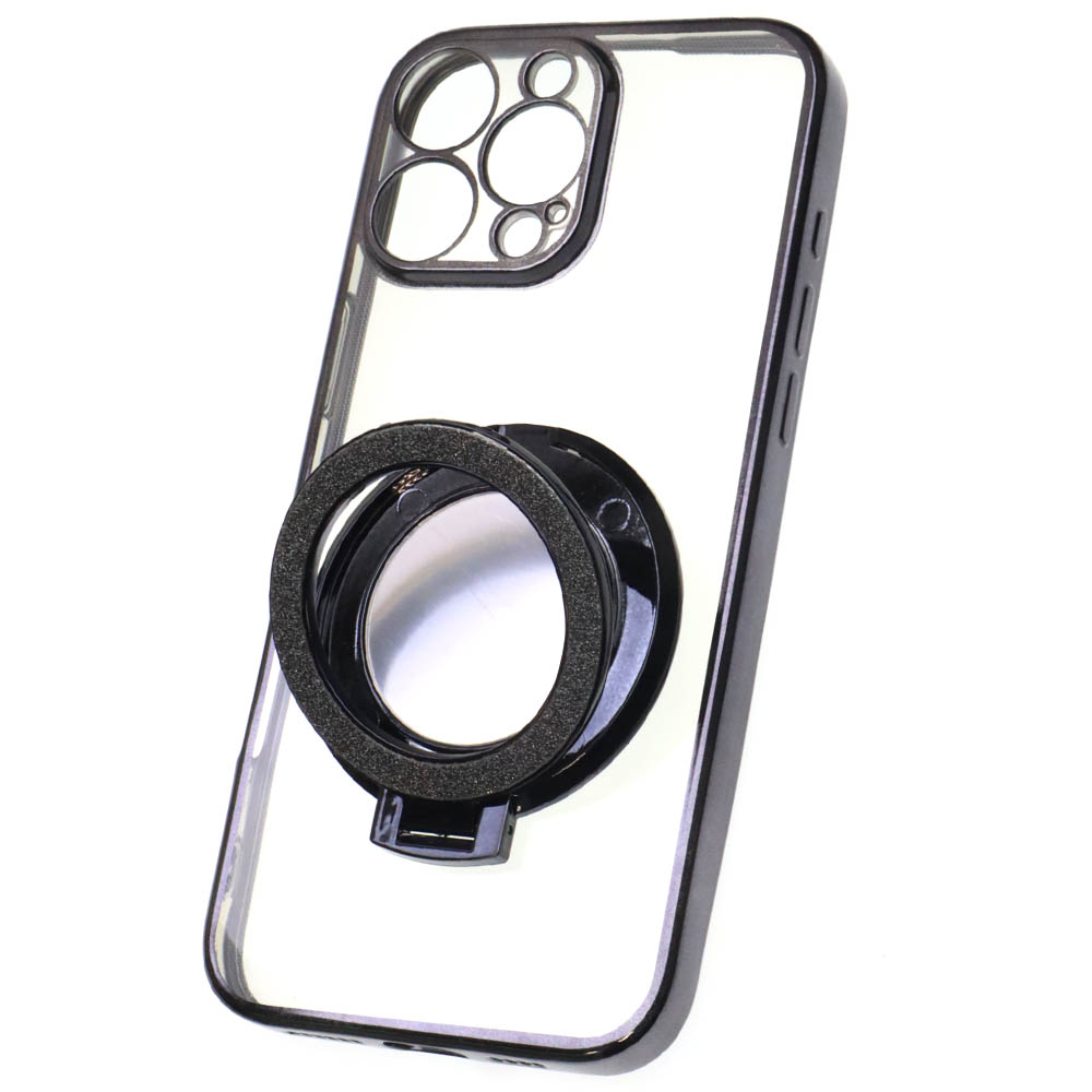 Чехол накладка для APPLE iPhone 16 Pro Max, силикон, защита камеры, кольцо держатель, прозрачный, цвет окантовки черный