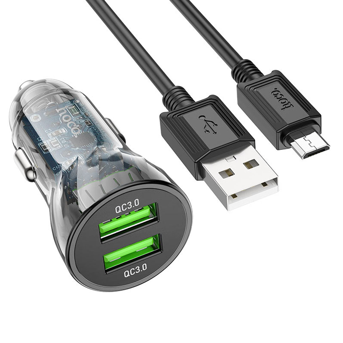 АЗУ (Автомобильное зарядное устройство) HOCO Z47 Transparent с кабелем Micro USB, 18W, 2 USB, QC3.0, длина 1 метр, цвет черный