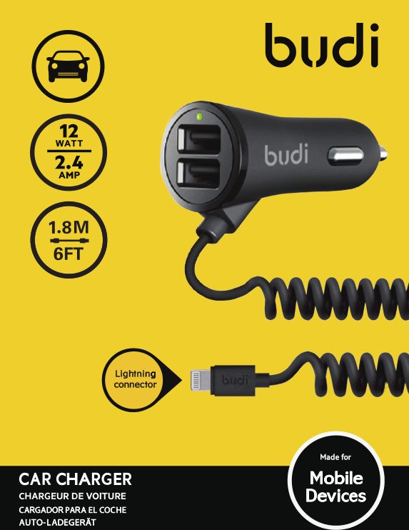 АЗУ "budi" 2.4A с двумя USB выходами 2.4A (M8J068L Rev.A00) с витым кабелем Lightning Apple 8-pin 1.8 метра, чёрного цвета.