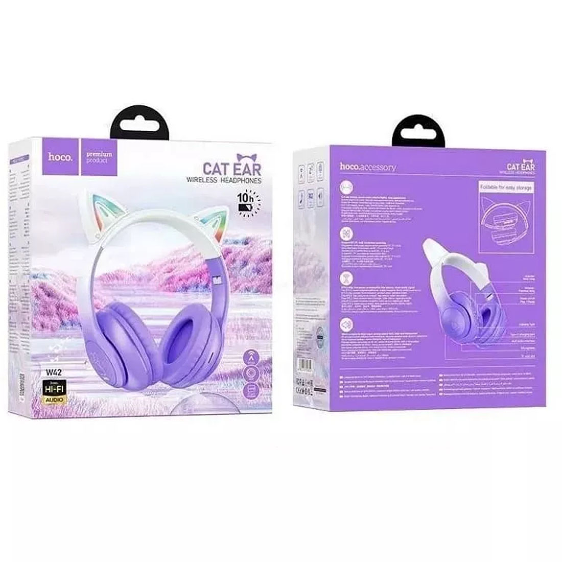 Гарнитура (наушники с микрофоном) беспроводная, полноразмерная, HOCO W42 Cat ears, светящиеся ушки, цвет фиолетовый