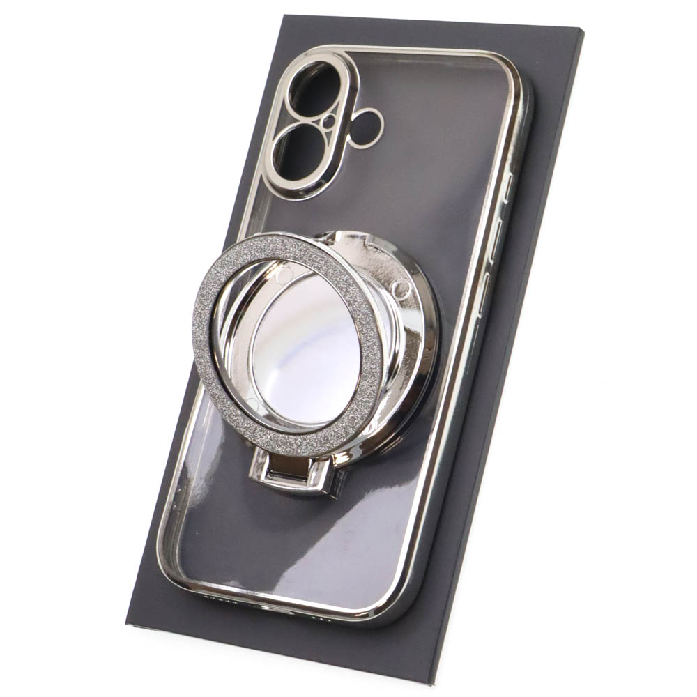 Чехол накладка для APPLE iPhone 16, силикон, защита камеры, кольцо держатель, прозрачный, цвет окантовки серебристый