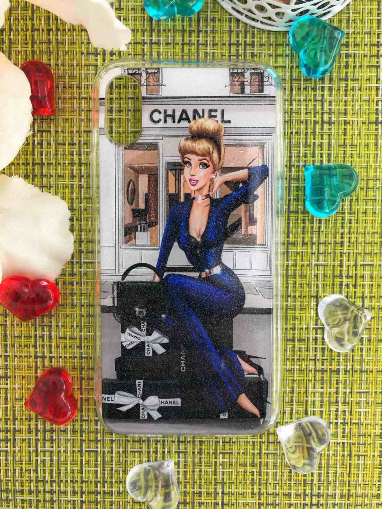 Чехол накладка для APPLE iPhone X, XS, силикон, рисунок CHANEL девушка в синем платье.