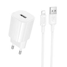 СЗУ (Сетевое зарядное устройство) BOROFONE BA101A Pudding с кабелем Lightning 8 pin, 10.5W, 1 USB A, длина 1 метр, цвет белый