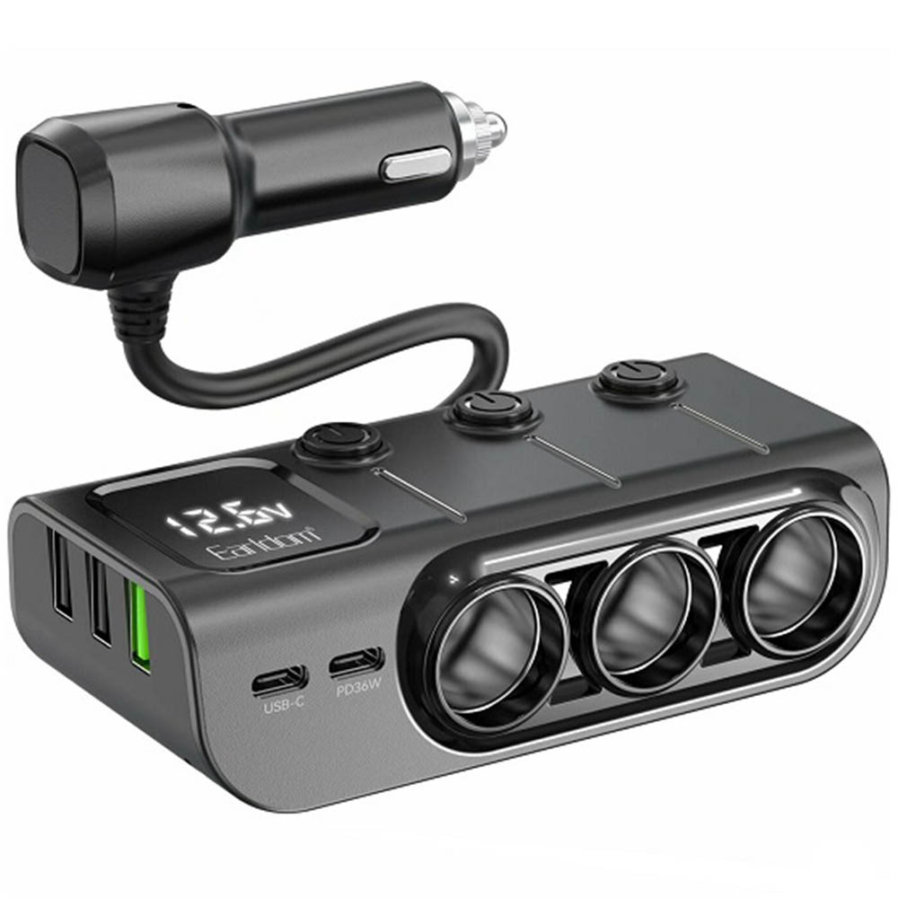 Разветвитель прикуривателя EARLDOM ES-CS4 120W, дисплей, 3 выхода, 2 Type-C, 3 USB, длина кабеля 1 метр, цвет черный